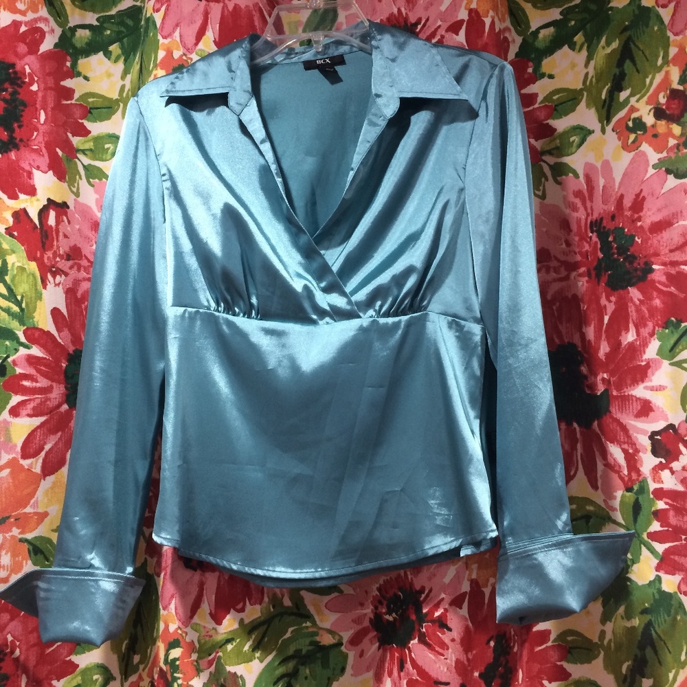 Teal Blue Satin Faux Wrap Top